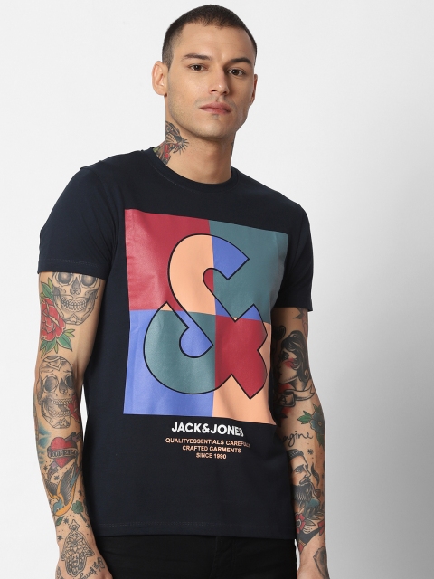 

Jack & Jones Men Navy Blue & Green Printed Round Neck T-shirt
