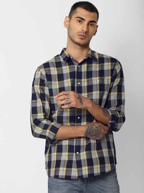 

Jack & Jones Men Yellow & Navy Blue Slim Fit Checked Casual Shirt