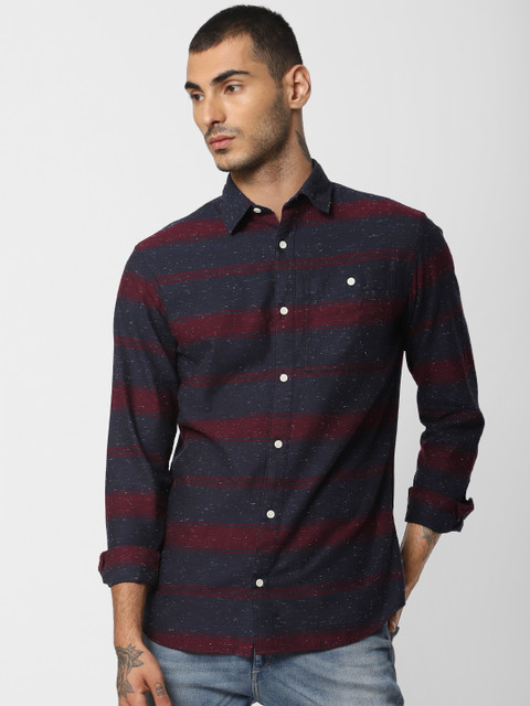 

Jack & Jones Men Navy Blue & Maroon Slim Fit Striped Casual Shirt