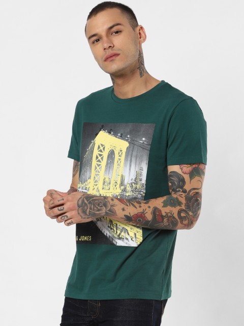 

Jack Jones Men Teal Green Printed Round Neck Pure Cotton T-shirt
