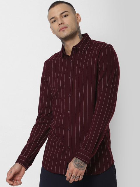 

Jack & Jones Men Maroon & White Slim Fit Striped Casual Shirt