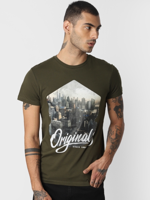

Jack & Jones Men Olive Green Printed Round Neck T-shirt