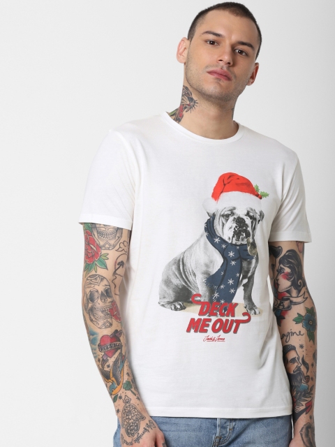 

Jack & Jones Men White Printed Slim Fit Round Neck T-shirt