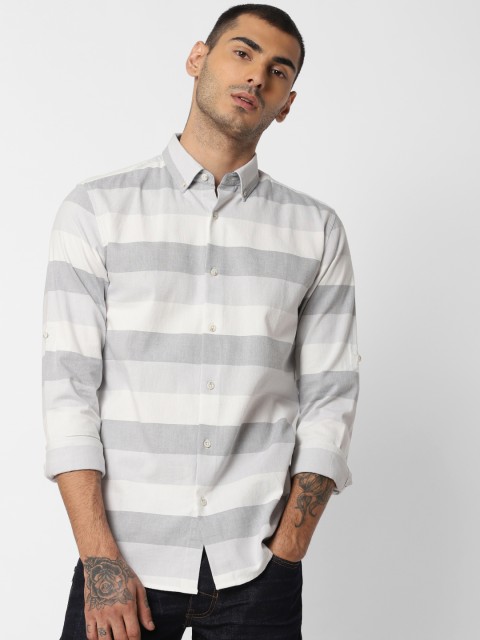 

Jack & Jones Men White & Grey Slim Fit Striped Casual Shirt