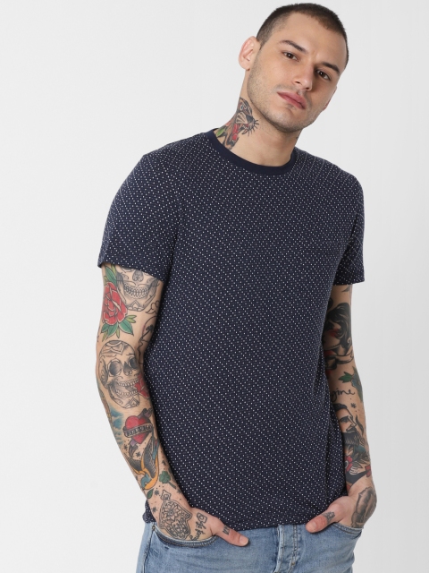 

Jack & Jones Men Navy Blue & White Self Design Round Neck T-shirt