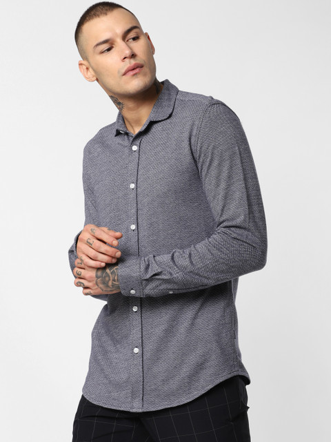 

Jack & Jones Men Navy Blue & White Slim Fit Self Design Casual Shirt
