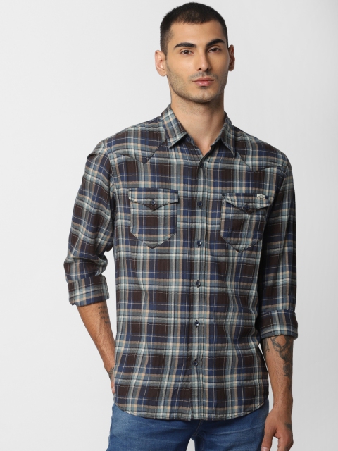 

Jack & Jones Men Coffee Brown & Navy Blue Regular Fit Checked Casual Shirt