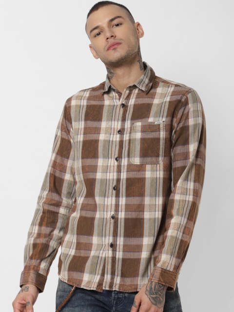 

Jack & Jones Men Brown & Olive Green Slim Fit Checked Casual Shirt