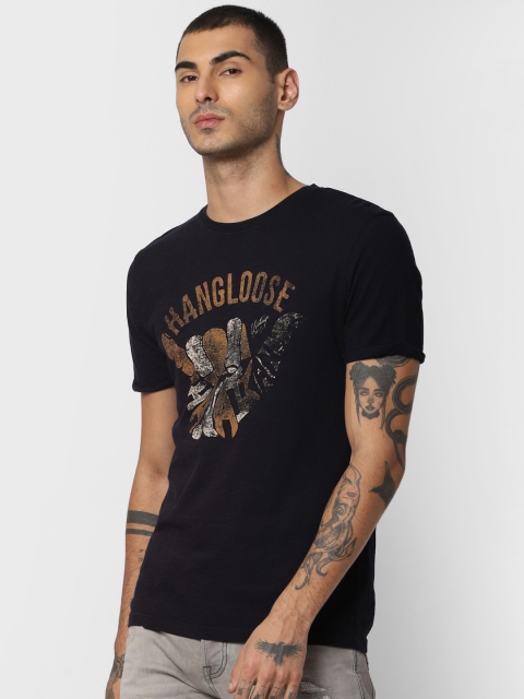 

Jack & Jones Men Navy Blue & Brown Performance Fit Printed Round Neck T-shirt