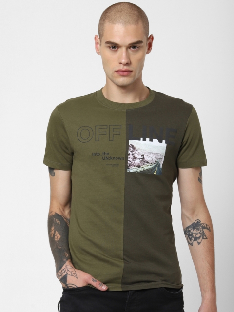 

Jack & Jones Men Olive Green Slim Fit Printed Round Neck T-shirt