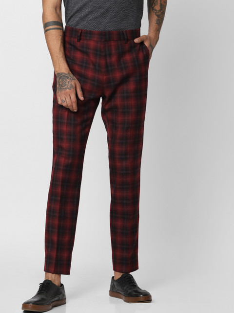 

Jack & Jones Men Maroon & Green Slim Fit Checked Formal Trousers