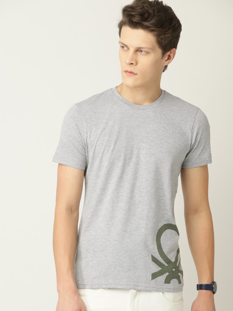 

United Colors of Benetton Men Grey Melange & Green Solid Round Neck T-shirt