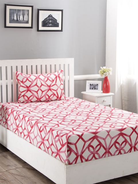 

MASPAR Red & White Geometric 210 TC Cotton 1 Single Bedsheet with 1 Pillow Covers