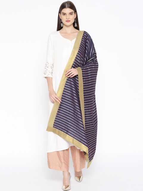 

Shakumbhari Women Navy Blue & Golden Zari Striped Dupatta