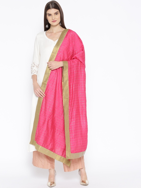 

Shakumbhari Pink & Golden Zari Checked Dupatta