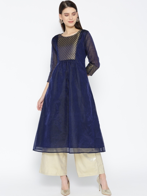

Shakumbhari Women Navy Blue & Golden Yoke Design A-Line Kurta