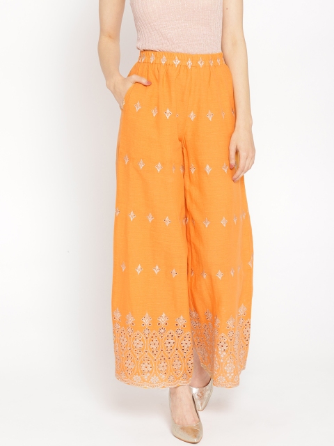 

Shakumbhari Women Orange & Golden Schiffli Embroidered Wide Leg Palazzos