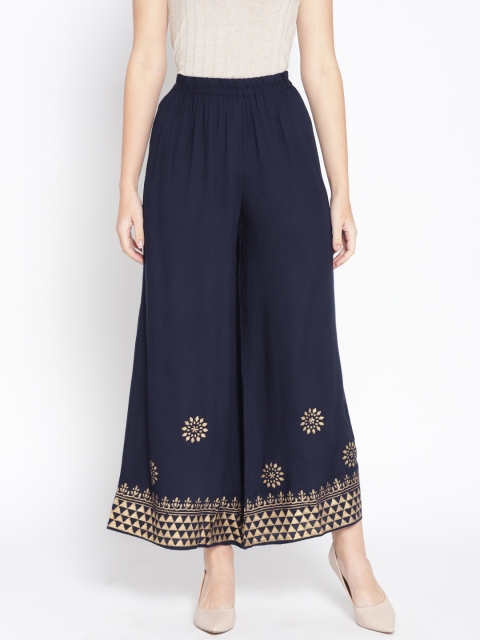 

Shakumbhari Women Navy Blue & Golden Hand Block Print Wide Leg Palazzos