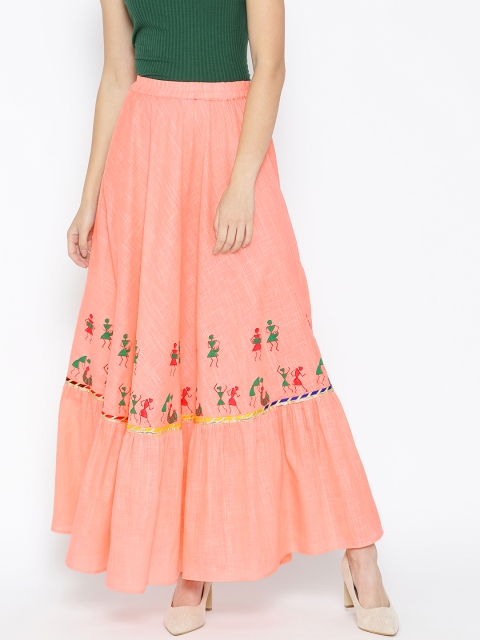 

Shakumbhari Women Peach-Coloured Handblock Printed Pure Cotton Flared Maxi Skirt