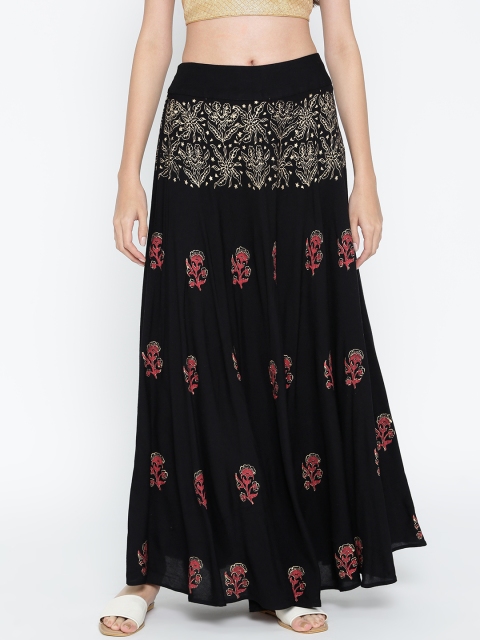 

Shakumbhari Black & Pink Handblock Printed Flared Maxi Skirt