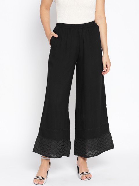 

Shakumbhari Women Black Schiffli Embroidered Detail Wide Leg Palazzos