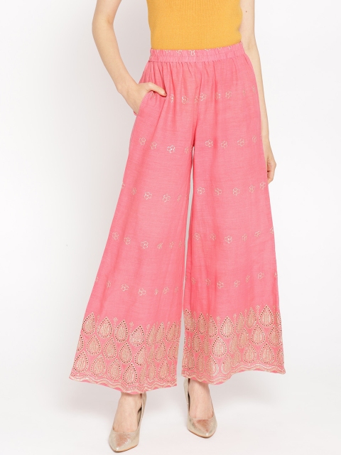 

Shakumbhari Women Pink & Golden Schiffli Embroidered Wide Leg Palazzos