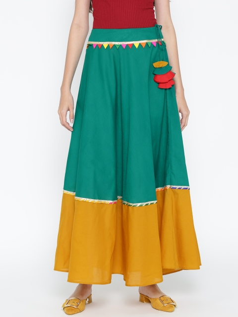 

Shakumbhari Women Green & Mustard Yellow Colourblocked Flared Maxi Flared Skirt