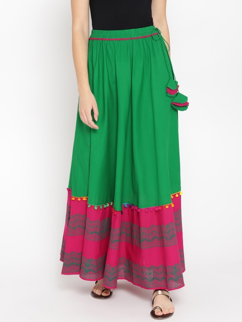 

Shakumbhari Women Green & Pink Block Print Maxi Flared Skirt