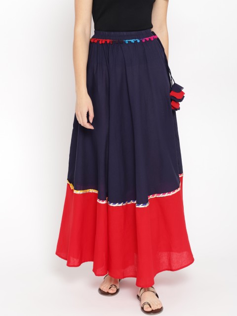 

Shakumbhari Women Navy Blue & Red Colourblocked Maxi Flared Skirt