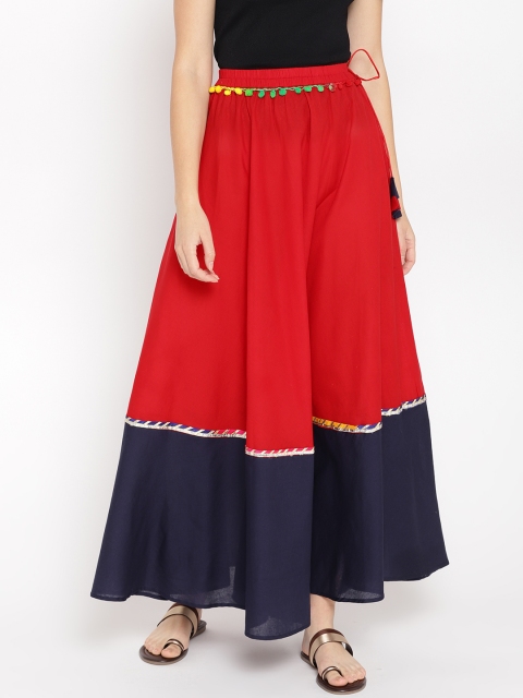 

Shakumbhari Women Red & Navy Blue Colourblocked Maxi Flared Skirt