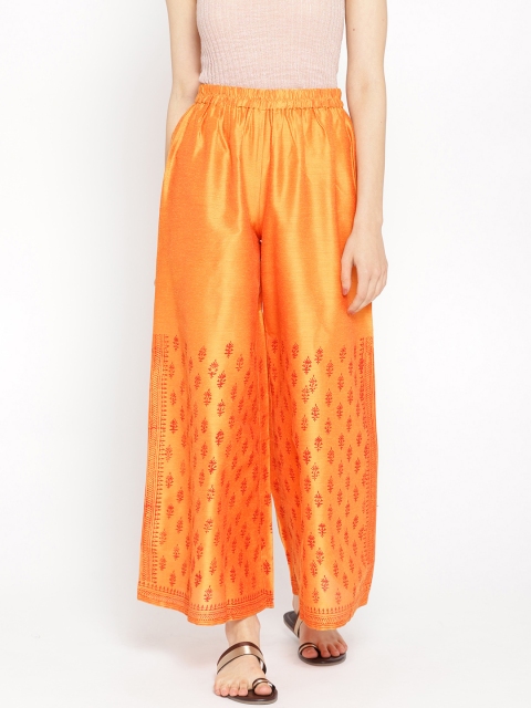 

Shakumbhari Women Mustard Yellow Hand Block Print Wide Leg Palazzos