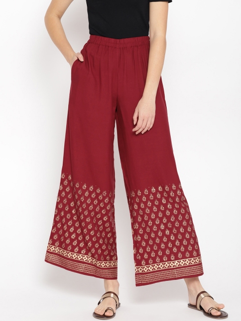 

Shakumbhari Women Maroon & Golden Hand Block Print Wide Leg Palazzos
