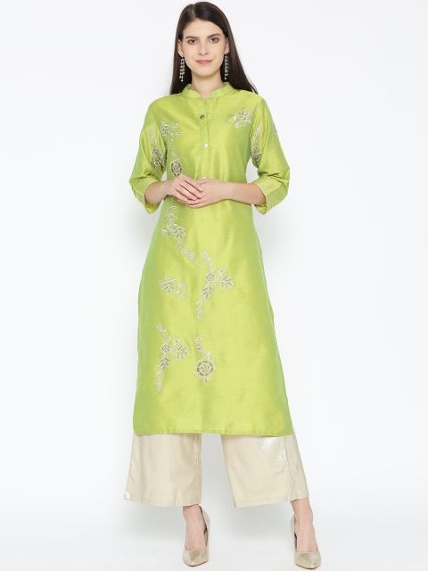 

Shakumbhari Women Green & Silver Floral Embroidered Straight Kurta