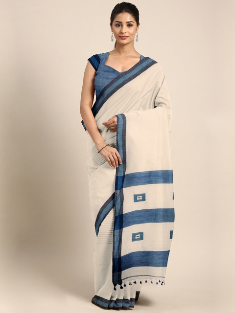 

Mitera Off-White & Blue Cotton Soft Handloom Striped Saree