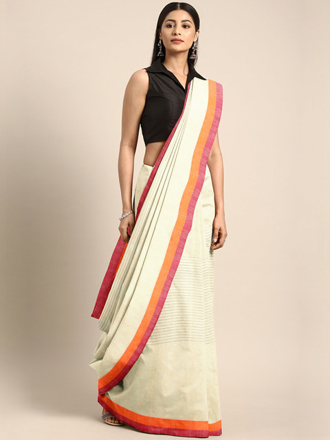 

Mitera Off-White & Grey Handloom Striped Saree