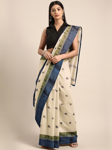 

Mitera Cream-Coloured & Blue Cotton Woven Bengal Handloom Design Taant Saree