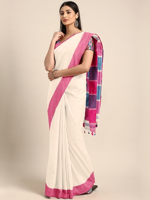 

Mitera Off-White & Pink Bengal Handloom Solid Saree