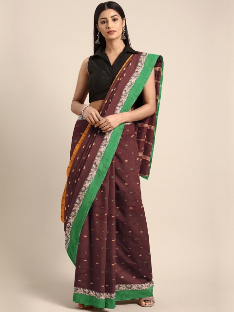 

Mitera Burgundy & Green Hand Woven Design Handloom Taant Saree