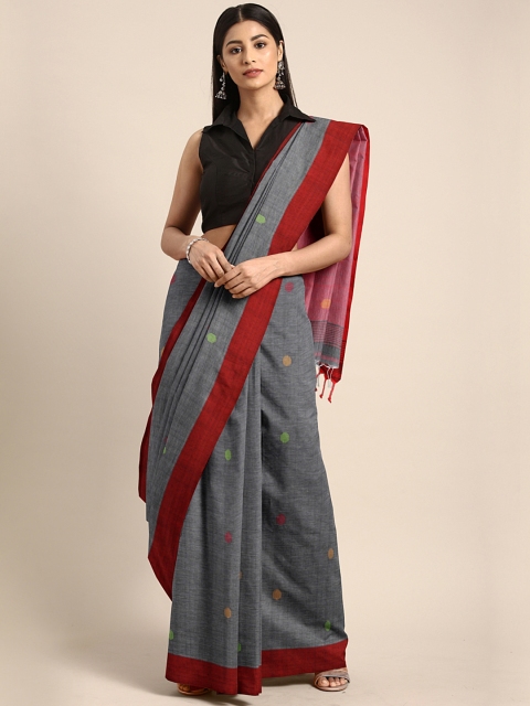 

Mitera Charcoal Grey & Maroon Bengal Soft Handloom Woven Design Cotton Saree