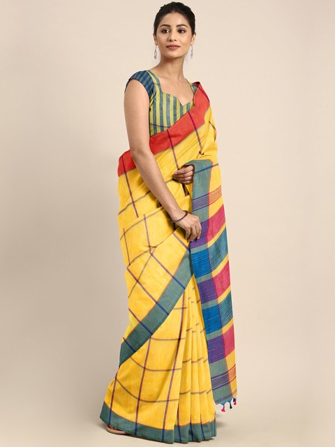 

Mitera Yellow & Blue Bengal Soft Handloom Checked Saree