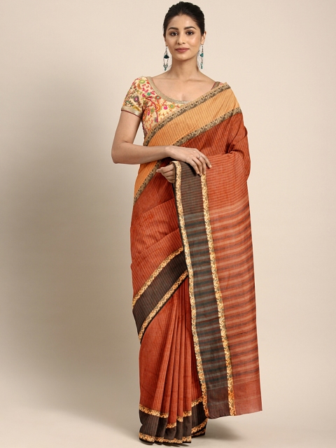 

Mitera Rust Orange & Beige Pure Cotton Bengal Handloom Hand Woven Self-Striped Taant Saree