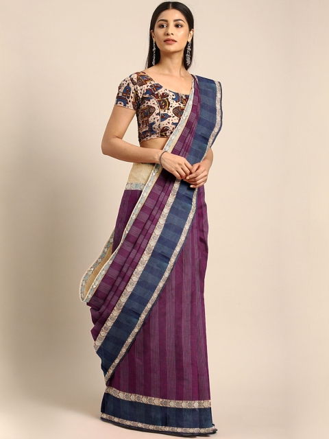 

Mitera Purple Handloom Hand-Woven Striped Taant Saree