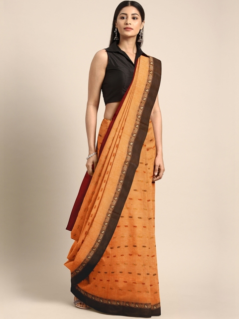 

Mitera Rust Orange & Red Cotton Handloom Hand Woven Taant Saree
