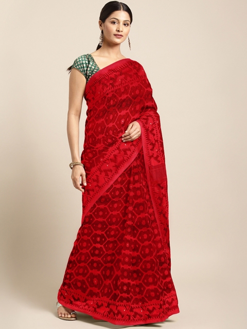 

Mitera Red & Charcoal Grey Hand-Woven Design Jamdani Saree