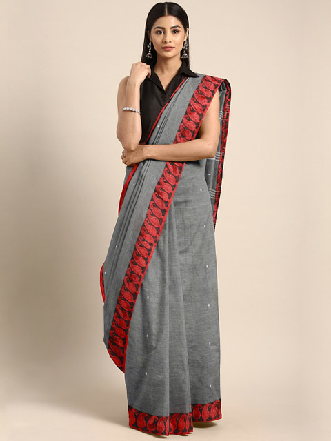 

Mitera Grey Cotton Bengal Woven Design Handloom Taant Saree