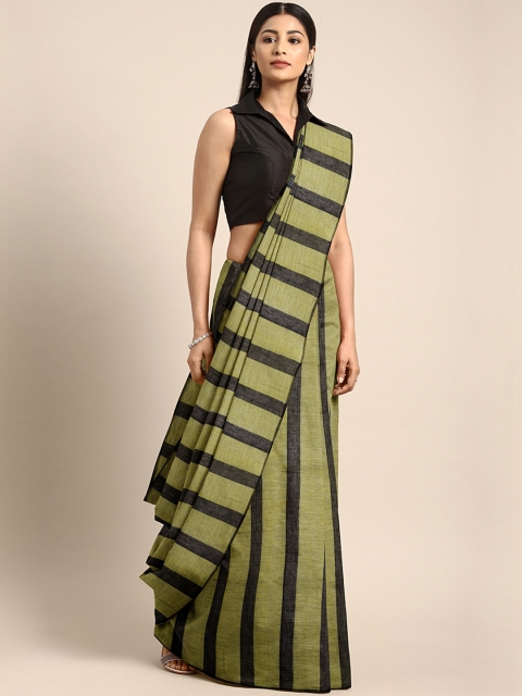 

Mitera Olive Green & Black Handloom Pure Cotton Striped Saree