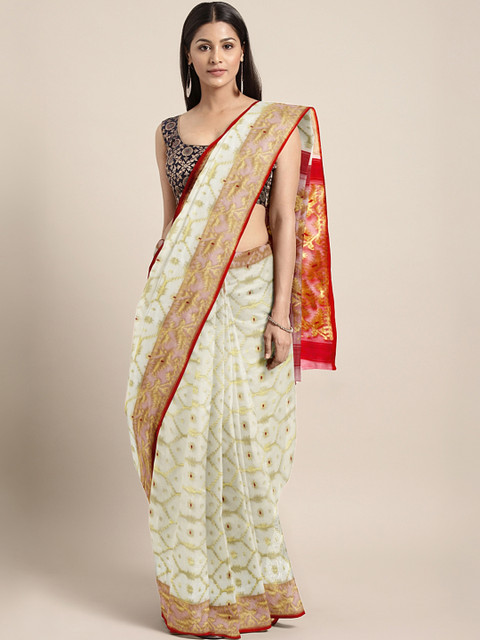 

Mitera Off-White & Golden Hand-Woven Design Jamdani Saree