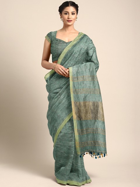 

Mitera Green Solid Handwoven Pure Linen Zari Work Saree