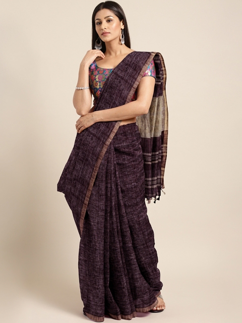 

Mitera Coffee Brown Handwoven Solid Pure Linen Saree