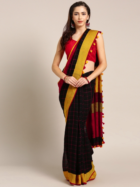 

Mitera Black & Maroon Handwoven Pure Linen Checked Saree